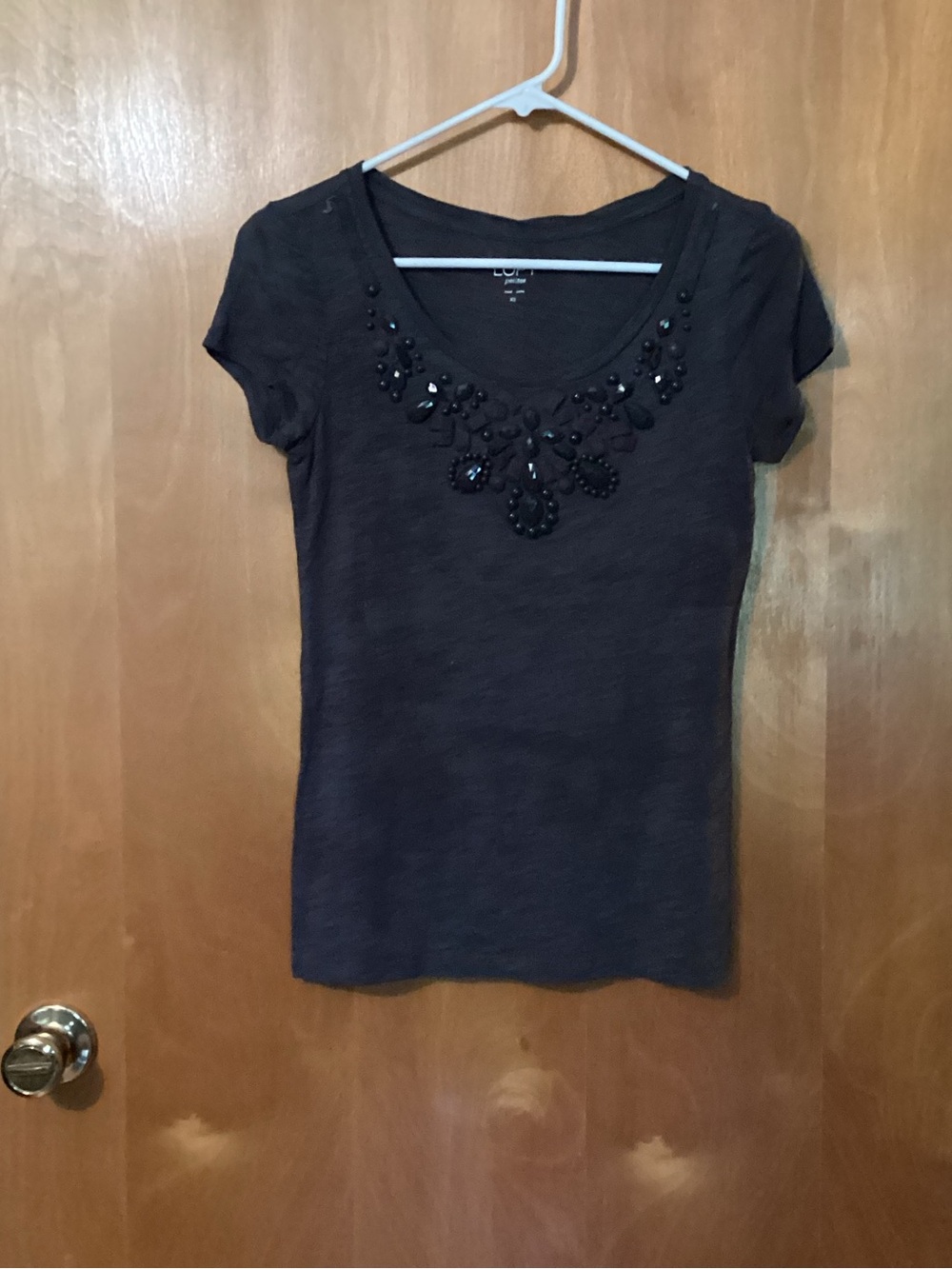 LOFT Black Short Sleeve Scoop Neck Tee with Beaded Neckline